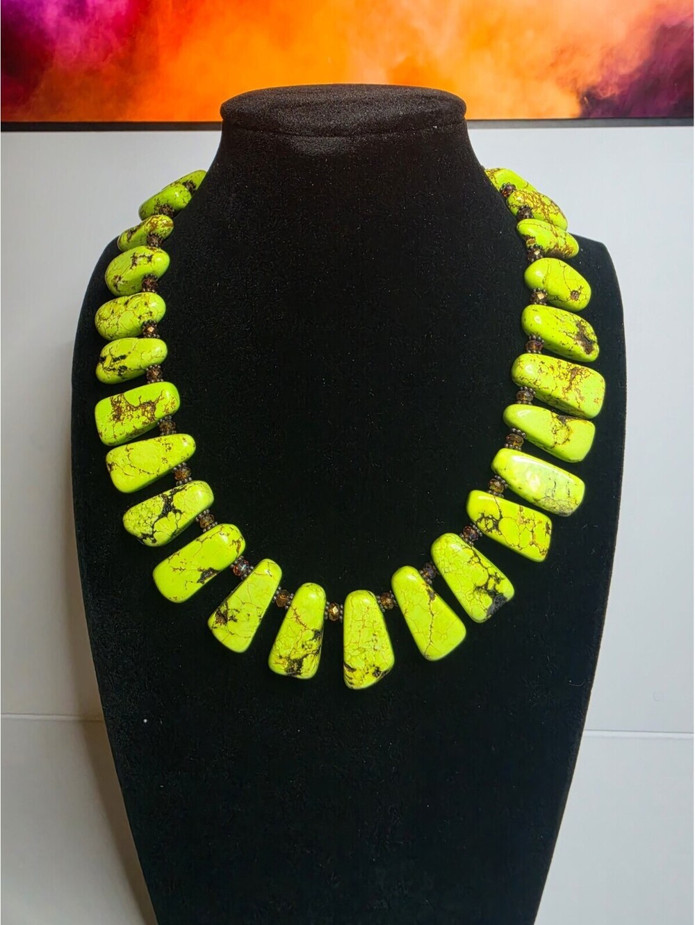 Chunky Lime Green Turquoise Statement Necklace Collar Bear Art Deco 16" 103g